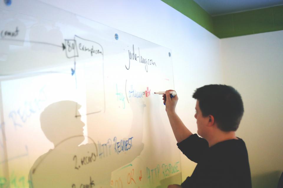 Person sketching a service-planning workflow on a whiteboard during a business meeting